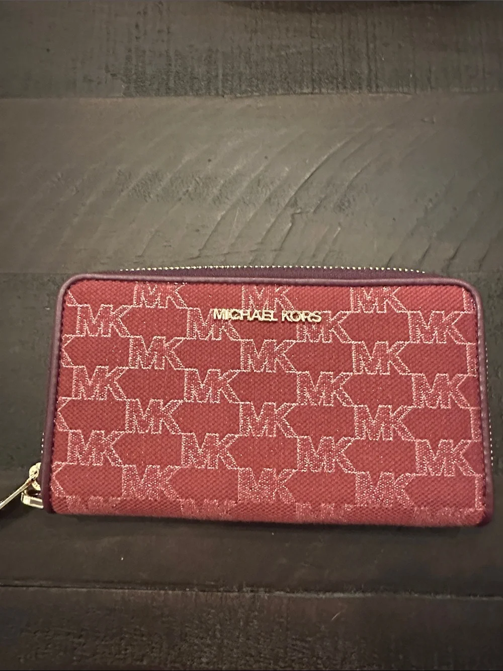 Michael Kors Maroon and Gold MK Logo Zip Wallet